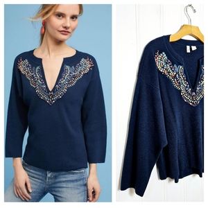 Anthropologie Moth Beaded Split Neck Navy Sweater Women’s M Dolman Sleeve Knit